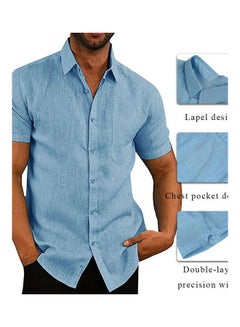 Men Casual Short Sleeve Turn Down Collar Single-breasted Office Shirt Blue