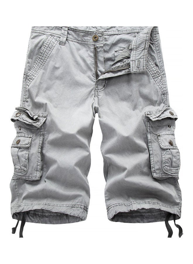 Men Casual Summer Solid Color Multi Pockets Fifth Cargo Pants Loose Beach Shorts Light Gray - Image 1