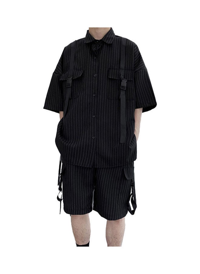 طقم شورت وقميص بأكمام قصيرة بنقشة مخططة أسود - Image 1