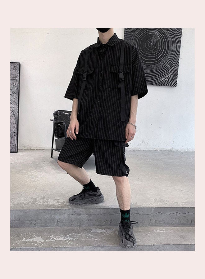 طقم شورت وقميص بأكمام قصيرة بنقشة مخططة أسود - Image 5