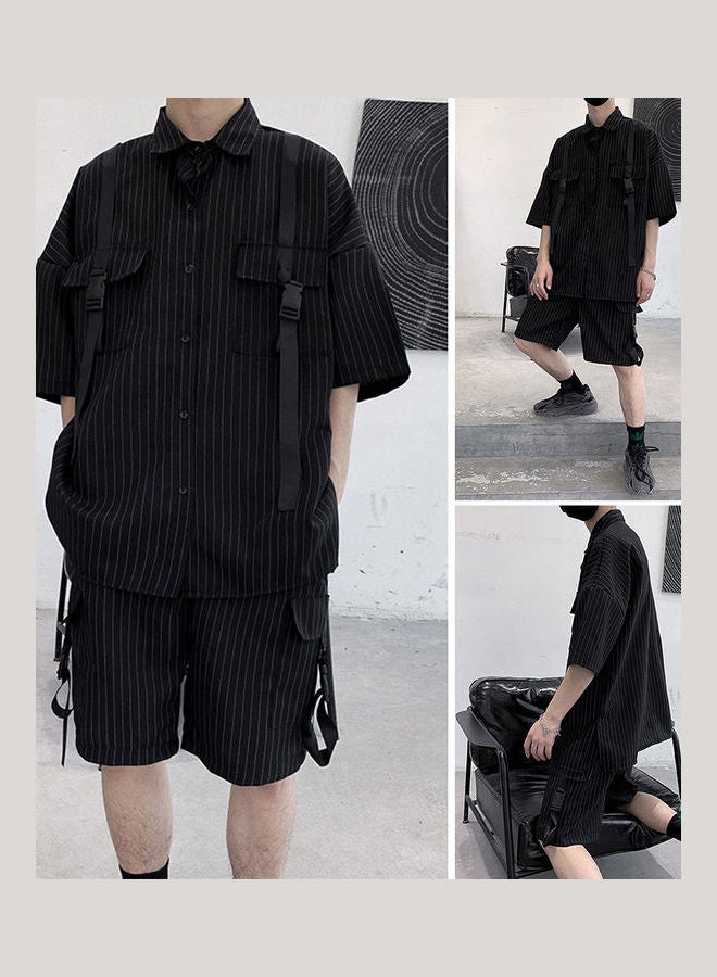 طقم شورت وقميص بأكمام قصيرة بنقشة مخططة أسود - Image 2