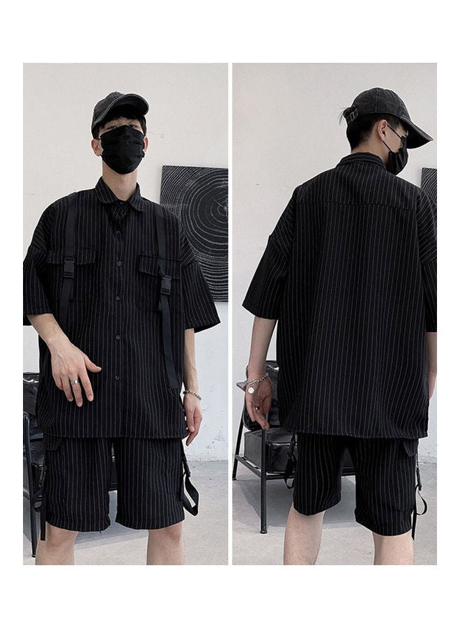 طقم شورت وقميص بأكمام قصيرة بنقشة مخططة أسود - Image 3