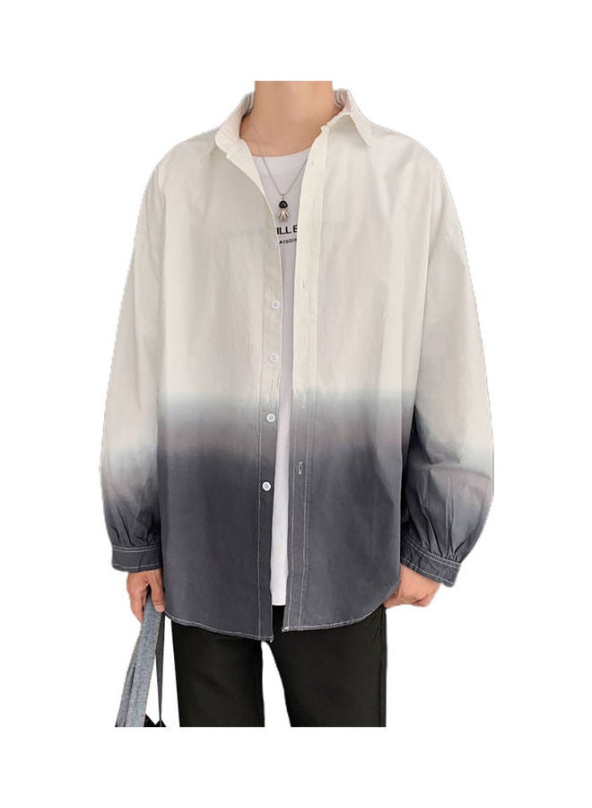 Fashion Color Gradient Long Sleeves Turn-down Collar Men Casual Top Shirt Coat White - Image 1