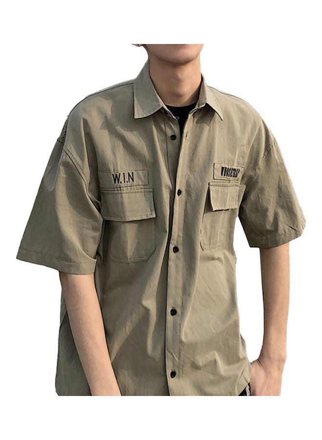 Short Sleeve Tooling Shirt Turn-Down Collar Summer Men Loose Casual Top Workwear Army Green - Image 1