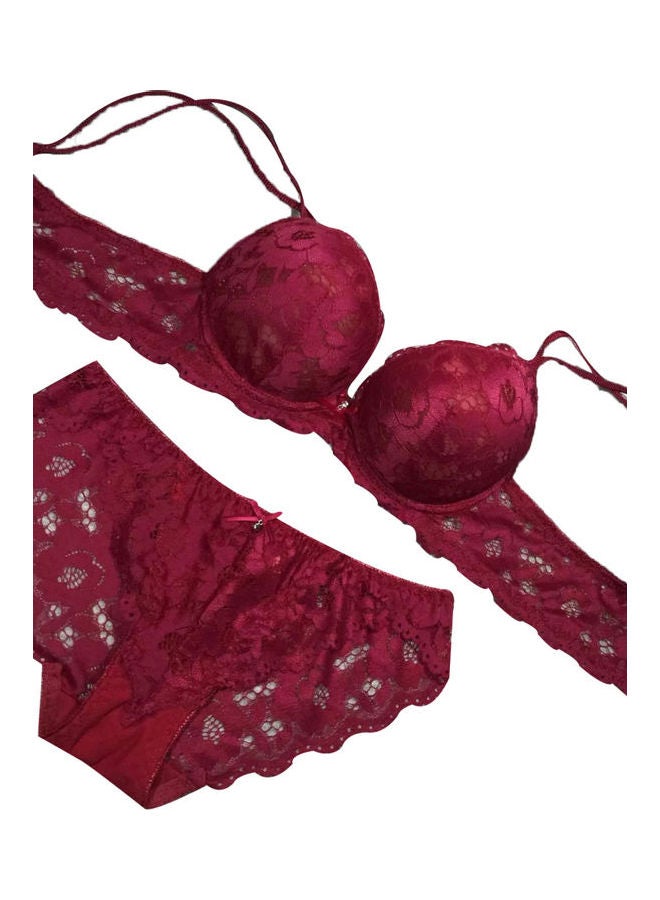 Women Breathable Flower Bra Panties Set Wine Red