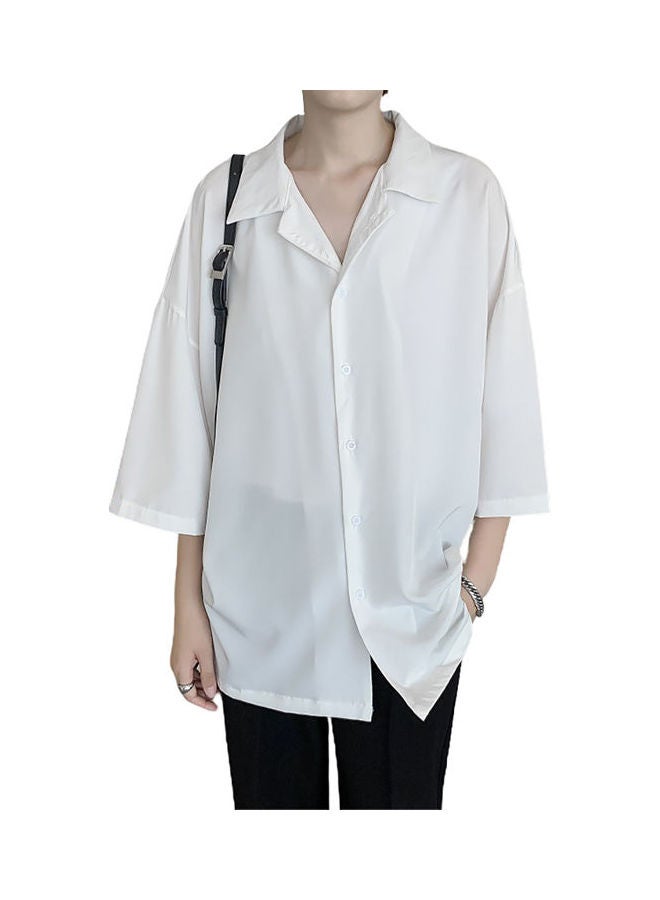 Men Casual Comfortable Turn Down Collar Solid Color 3/4 Sleeve All Match Shirt White - Image 1