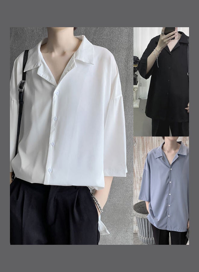 Men Casual Comfortable Turn Down Collar Solid Color 3/4 Sleeve All Match Shirt White - Image 2