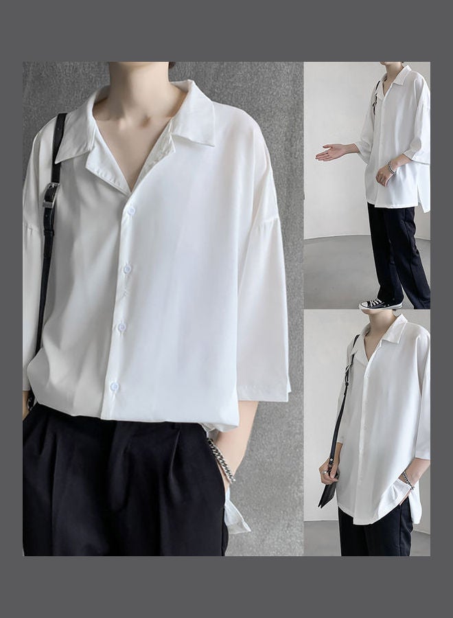 Men Casual Comfortable Turn Down Collar Solid Color 3/4 Sleeve All Match Shirt White - Image 3