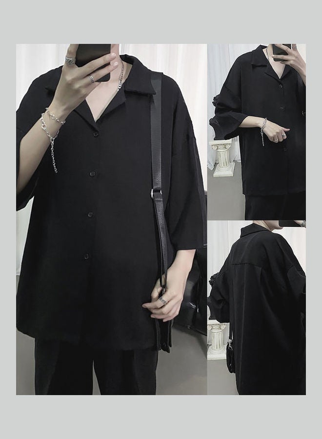 Men Casual Comfortable Turn Down Collar Solid Color 3/4 Sleeve All Match Shirt White - Image 4