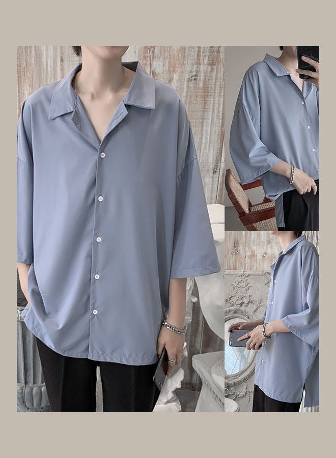 Men Casual Comfortable Turn Down Collar Solid Color 3/4 Sleeve All Match Shirt White - Image 5