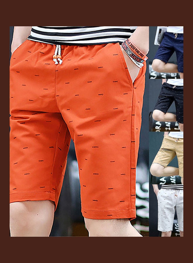 شورت رجالي كاجوال للشاطئ مصنوع من القطن بطبعة عظم السمكة مع جيوب ورباط للشد أزرق داكن - Image 2