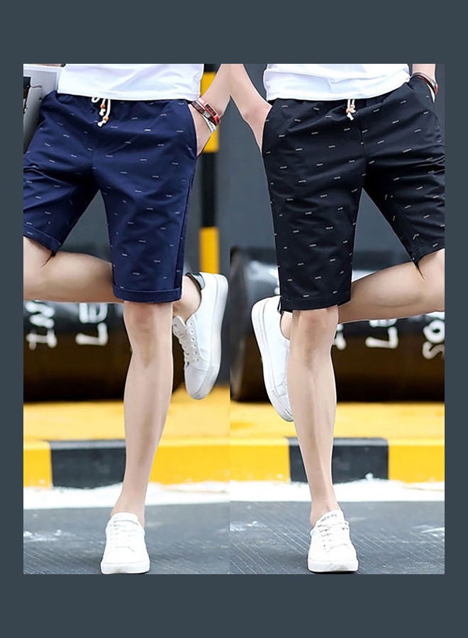 شورت رجالي كاجوال للشاطئ مصنوع من القطن بطبعة عظم السمكة مع جيوب ورباط للشد أزرق داكن - Image 5