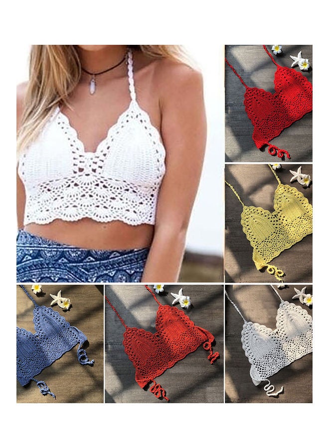 Women Summer Handmade Crochet Halter Backless Swimsuit Swimwear Bikini Top Yellow  - Image 1