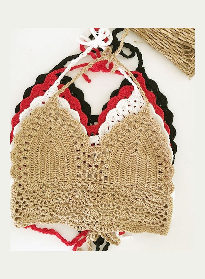 Women Summer Handmade Crochet Halter Backless Swimsuit Swimwear Bikini Top Yellow  - Image 5