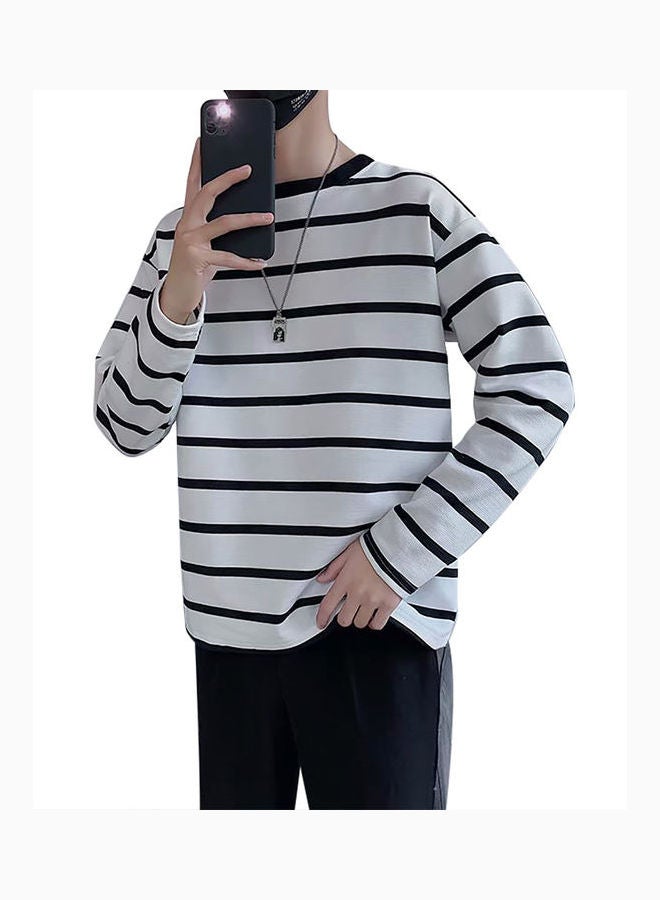 Fashion Men Stripe Long Sleeve Round Neck Loose Fit T-shirt Basic Top Blouse White - Image 1