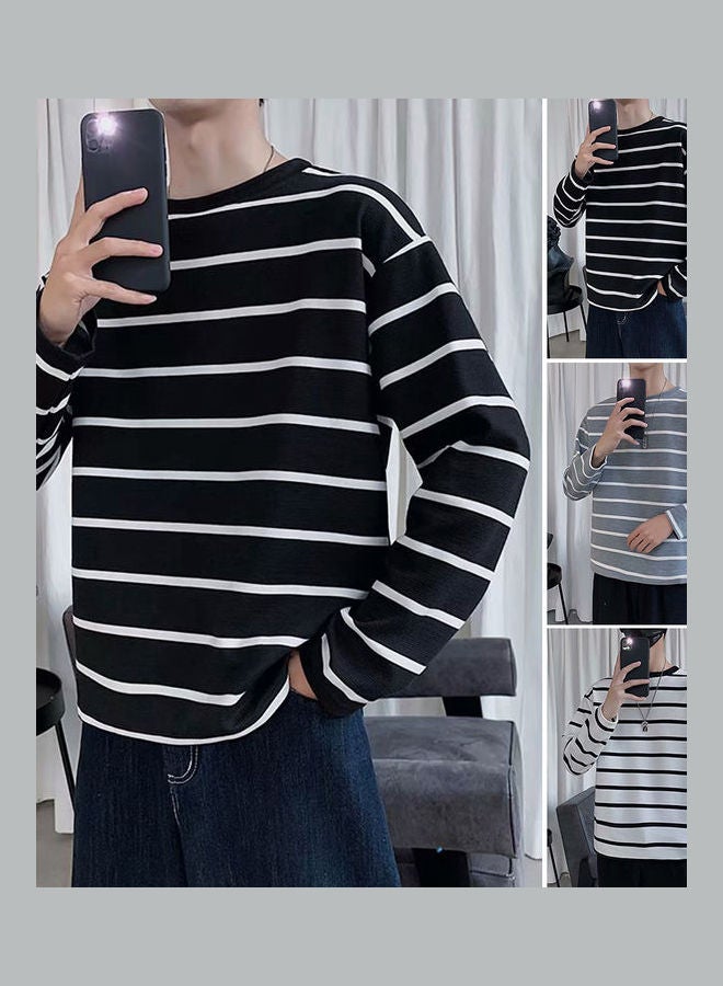 Fashion Men Stripe Long Sleeve Round Neck Loose Fit T-shirt Basic Top Blouse White - Image 2