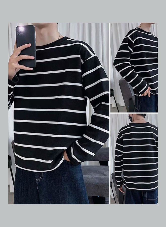 Fashion Men Stripe Long Sleeve Round Neck Loose Fit T-shirt Basic Top Blouse White - Image 3