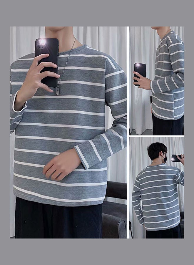 Fashion Men Stripe Long Sleeve Round Neck Loose Fit T-shirt Basic Top Blouse White - Image 5