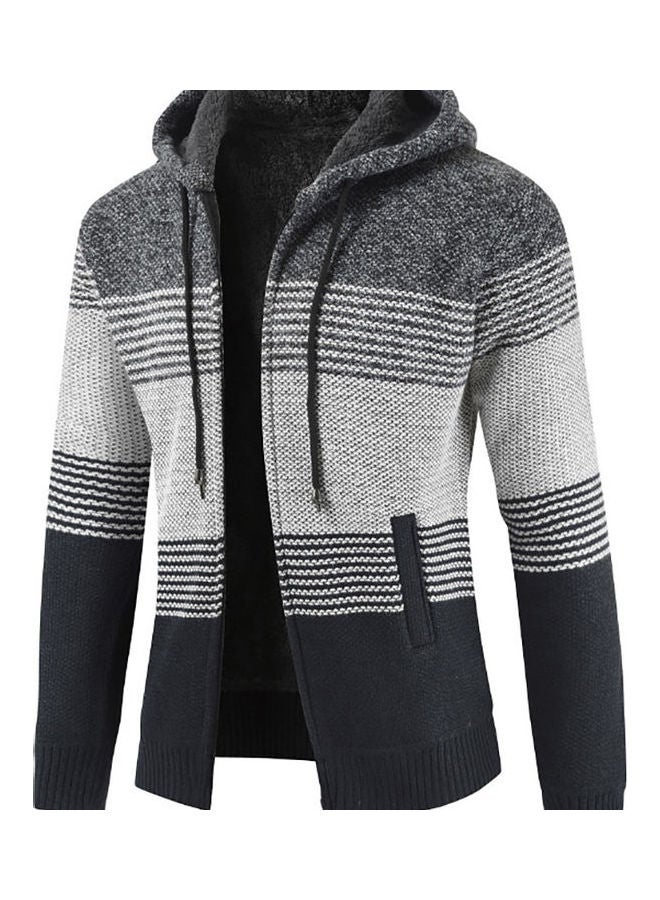 Stripes Zipper Plush Hooded Jacket Dark Grey/Navy Blue