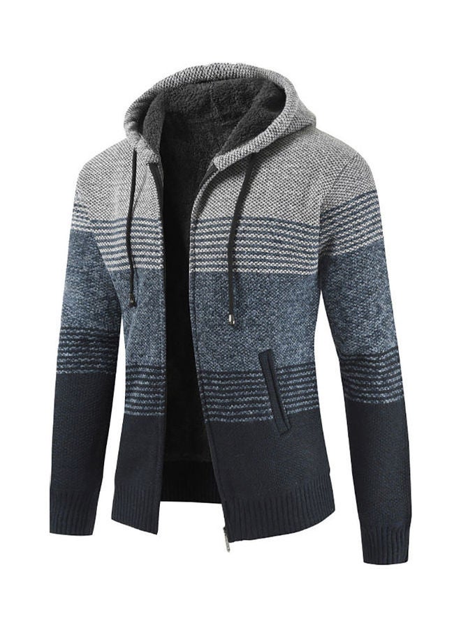 Stripes Zipper Plush Hooded Jacket Light Grey/Navy Blue
