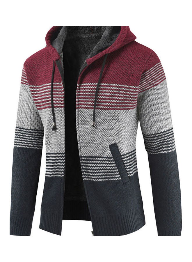 Stripes Zipper Plush Hooded Jacket Red/Black