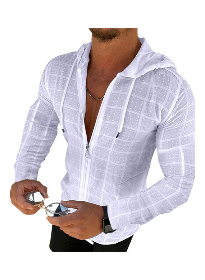 Hooded Zip Drawstring Check Jacket White 