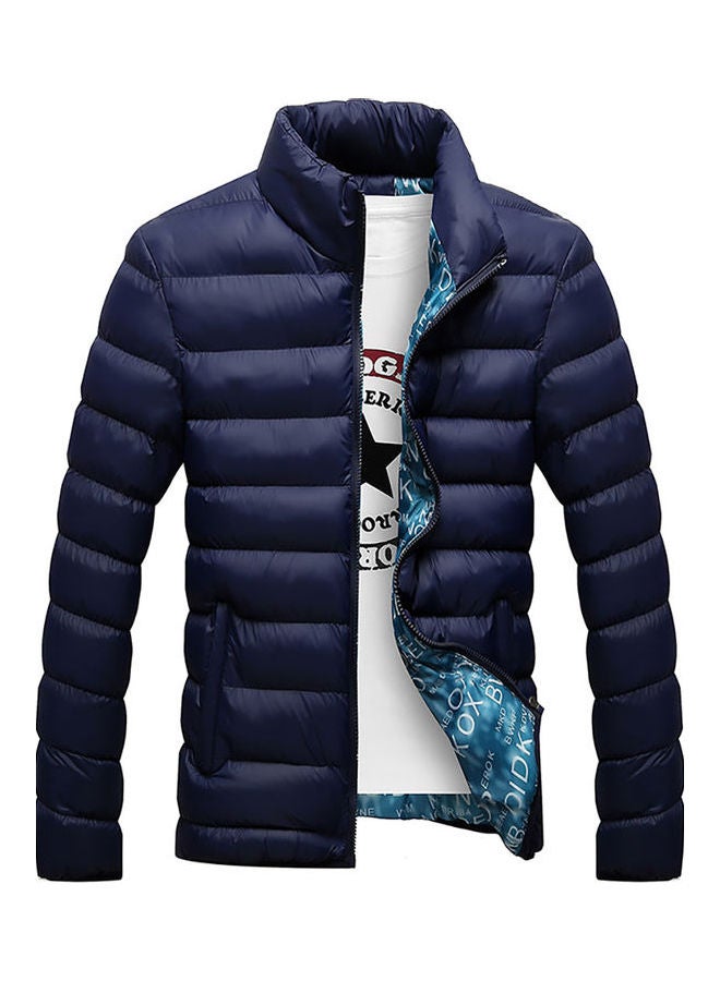 Stand Collar Zipper Jacket Dark Blue - Image 1