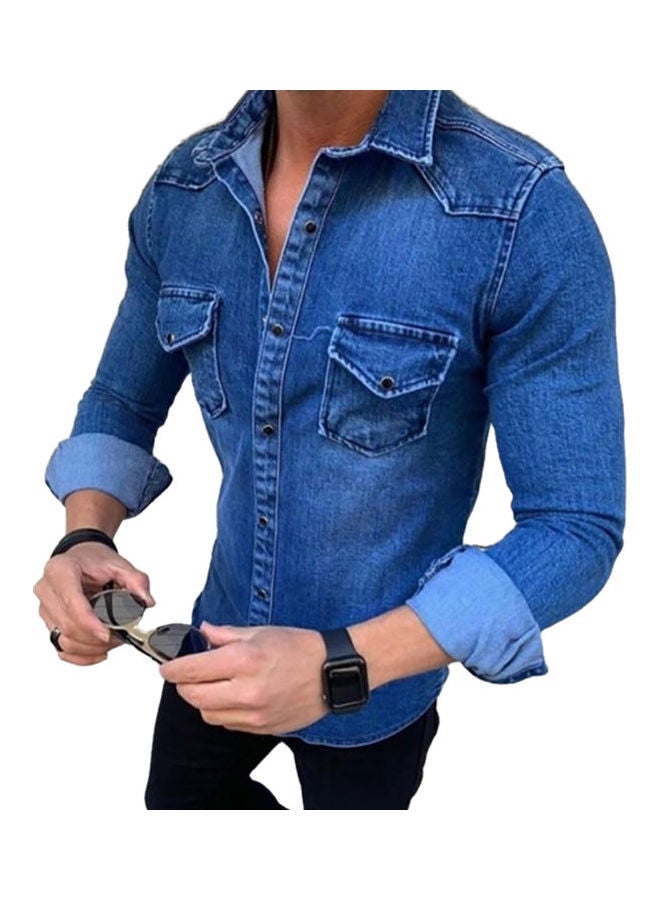 Turn Down Collar Slim Buttons Shirt Blue 