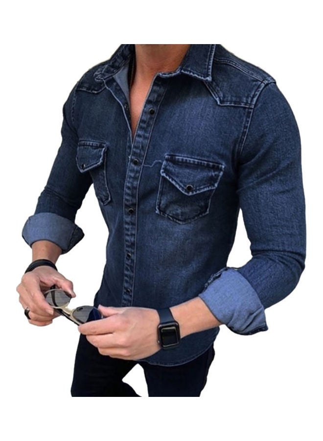 Turn Down Collar Slim Buttons Shirt Navy Blue