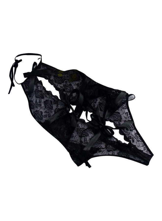 Halter Lace Bow-Knot Women See-Through Sleepwear Underwear Bodysuit Black - Image 3