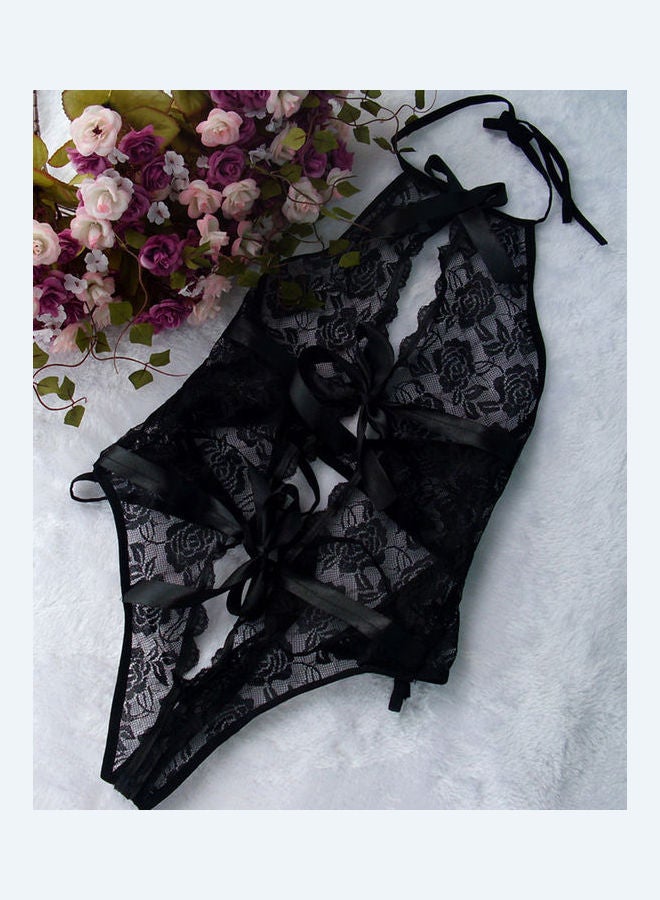 Halter Lace Bow-Knot Women See-Through Sleepwear Underwear Bodysuit Black - Image 1