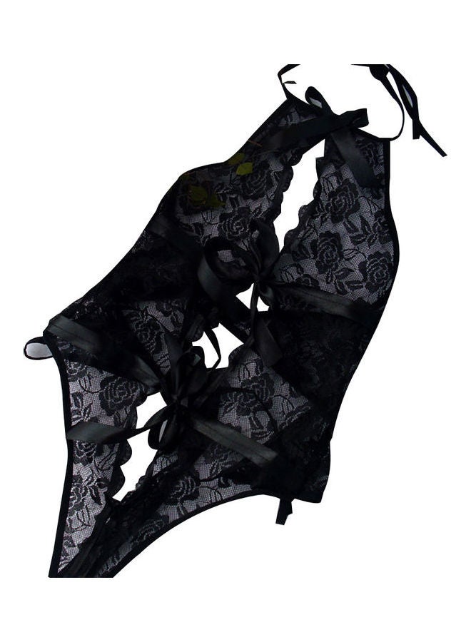 Halter Lace Bow-Knot Women See-Through Sleepwear Underwear Bodysuit Black - Image 2
