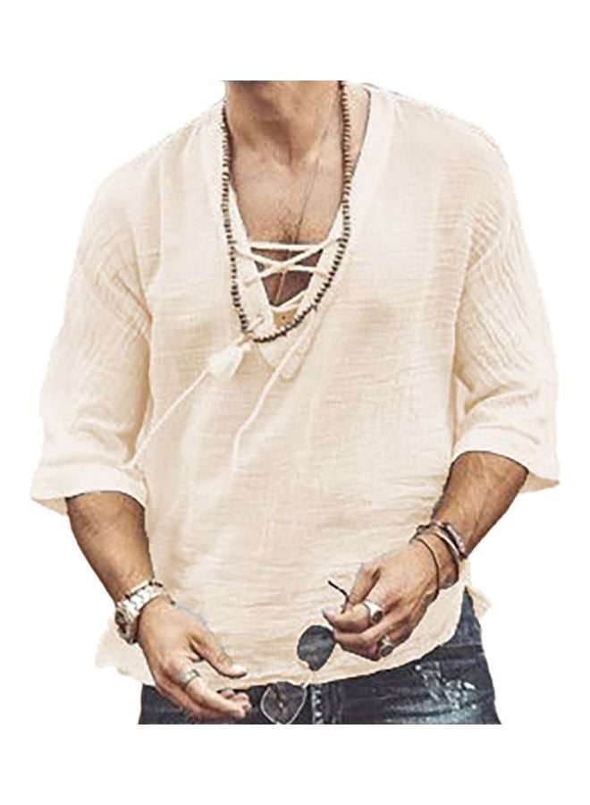 قميص سادة برباط وتصميم مفرغ مشمشي - Image 1