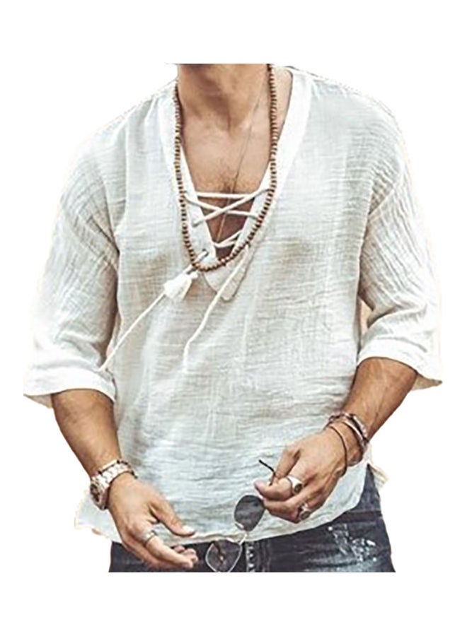 قميص سادة برباط وتصميم مفرغ أبيض