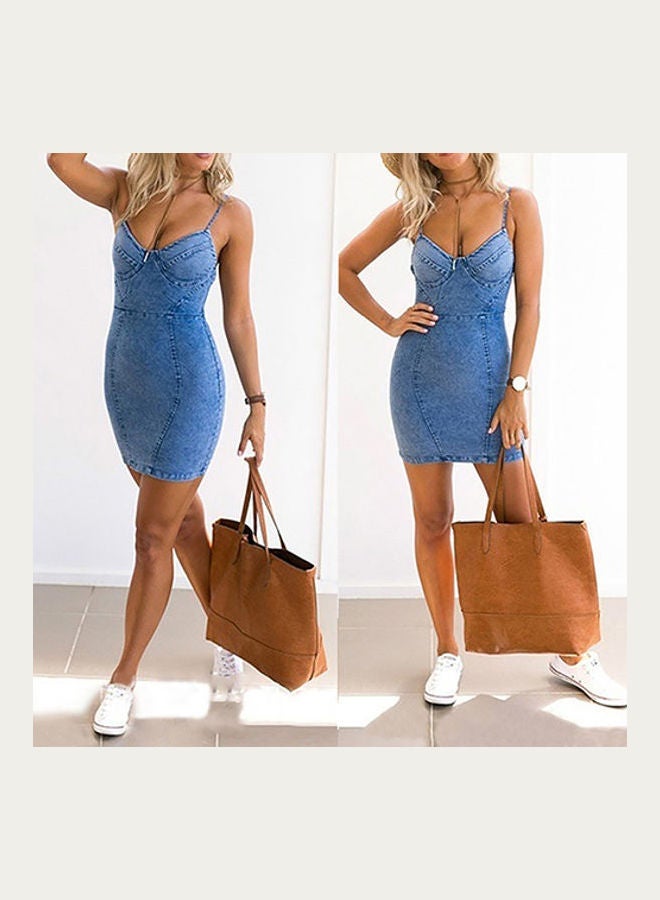 Women's Fashion Bodycon Denim Mini Dress Acid Blue  - Image 3