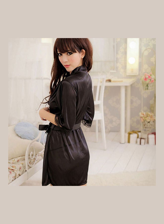 Generic - Bathrobe Gown Robe With G-String Black - Image 1