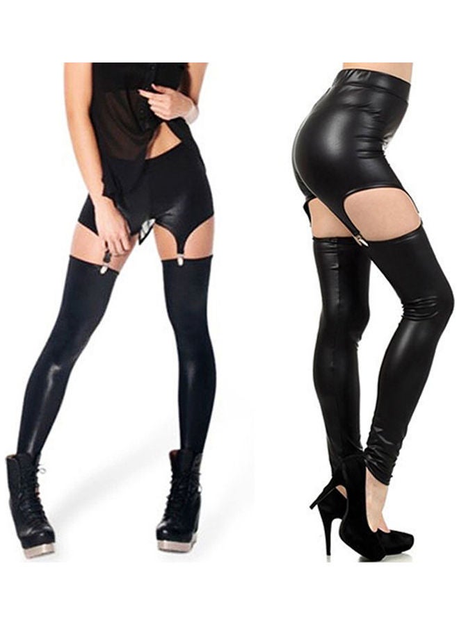 Tight Suspender Leggings Buckle Waist Garter Pants black  - Image 4