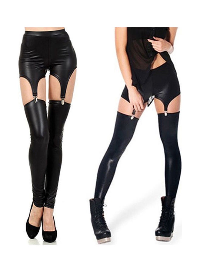 Tight Suspender Leggings Buckle Waist Garter Pants black  - Image 5