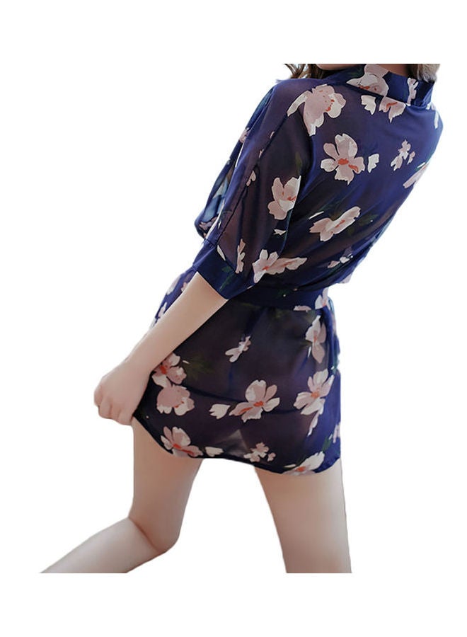 Women Neck Floral Printing Short Sleeve Lace Up Tied Night Robe Sleepwear Navy Blue  - Image 1