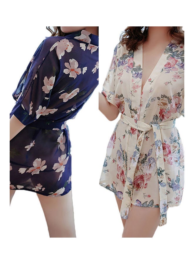 Women Neck Floral Printing Short Sleeve Lace Up Tied Night Robe Sleepwear Navy Blue  - Image 3