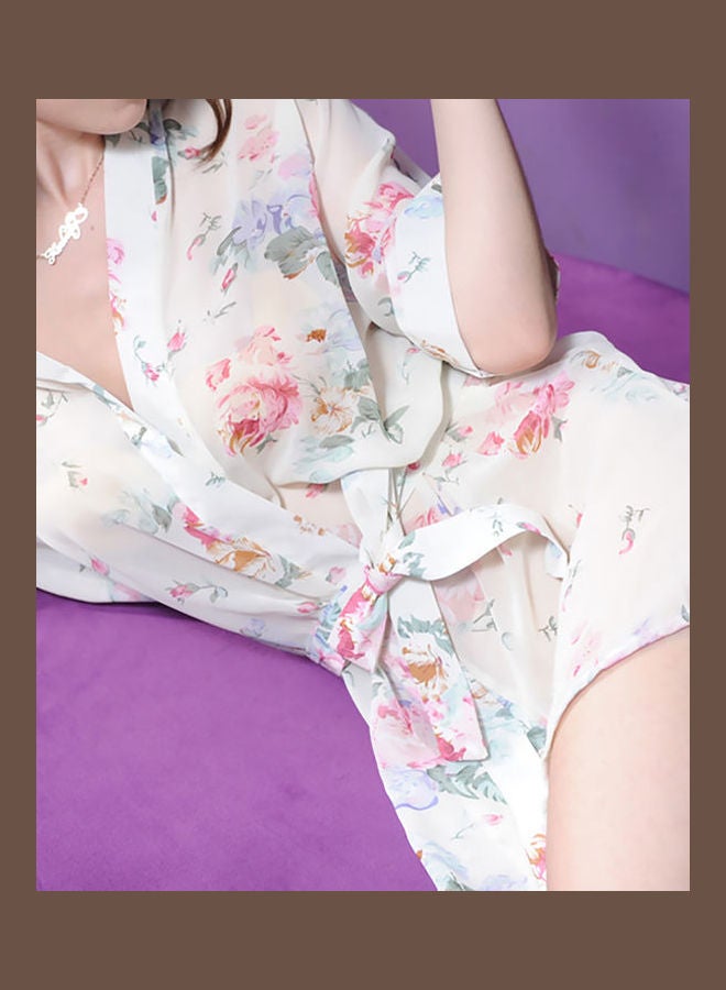 Women Neck Floral Printing Short Sleeve Lace Up Tied Night Robe Sleepwear Navy Blue  - Image 5