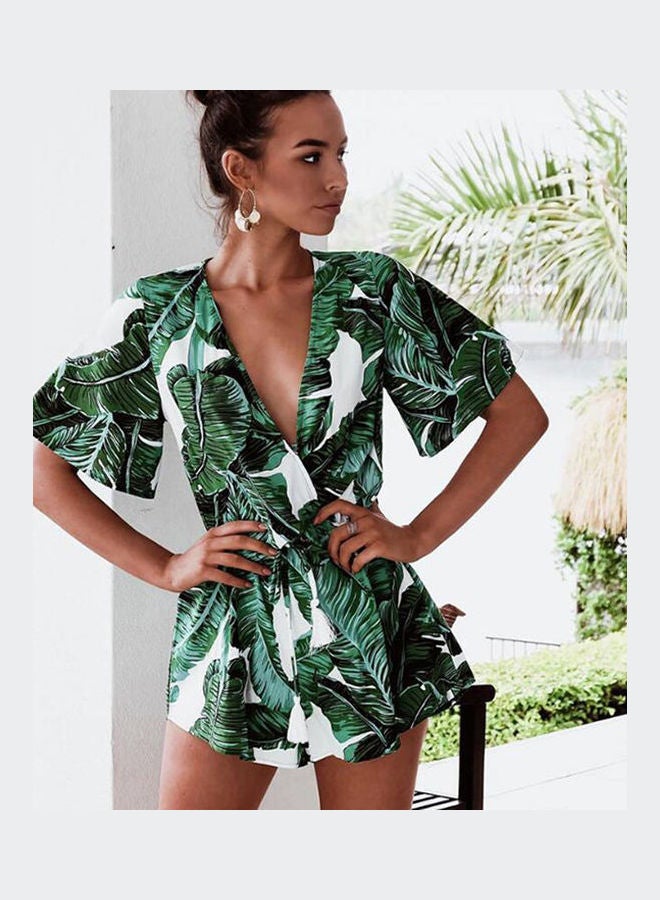 رومبر مزين بطبعة أوراق شجر استوائية أخضر/أبيض - Image 1