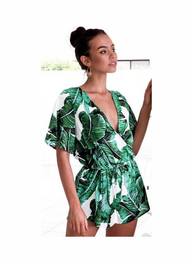 رومبر مزين بطبعة أوراق شجر استوائية أخضر/أبيض - Image 3