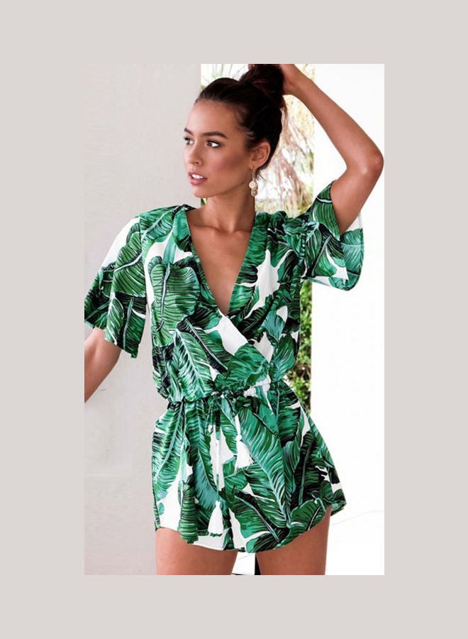 رومبر مزين بطبعة أوراق شجر استوائية أخضر/أبيض - Image 4