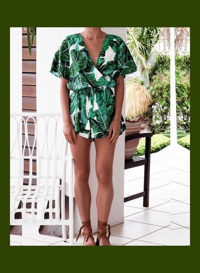 رومبر مزين بطبعة أوراق شجر استوائية أخضر/أبيض - Image 5