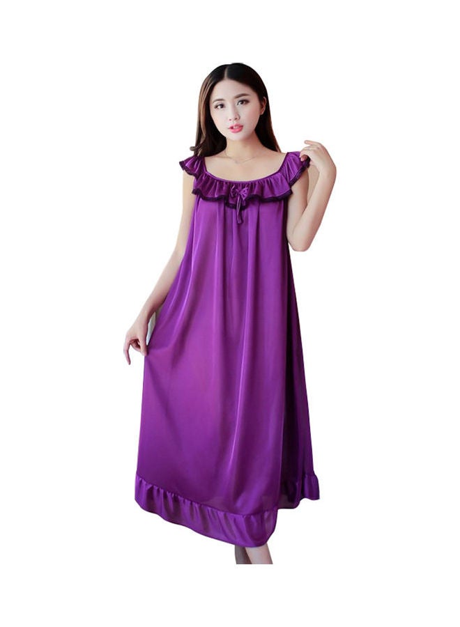 Fashion Faux Silk Ruffle Night Dress Nightgown Women Loose Mid-Calf Sleepwear Dark Purple  - Image 1