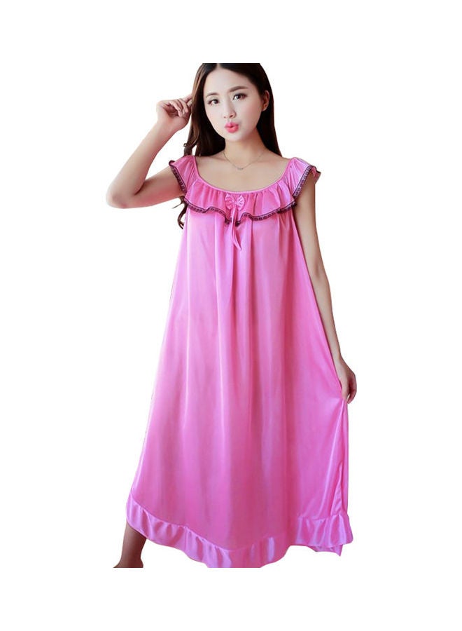 Fashion Faux Silk Ruffle Night Dress Nightgown Women Loose Mid-Calf Sleepwear Pink  - Image 1