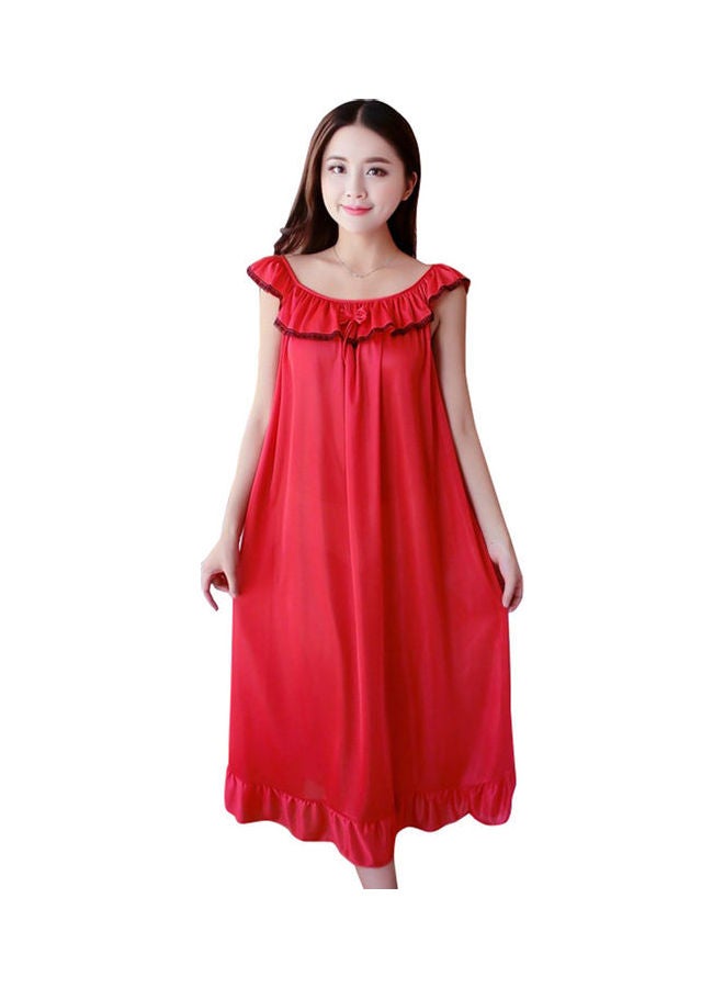 Fashion Faux Silk Ruffle Night Dress Nightgown Women Loose Mid-Calf Sleepwear Red - Image 1