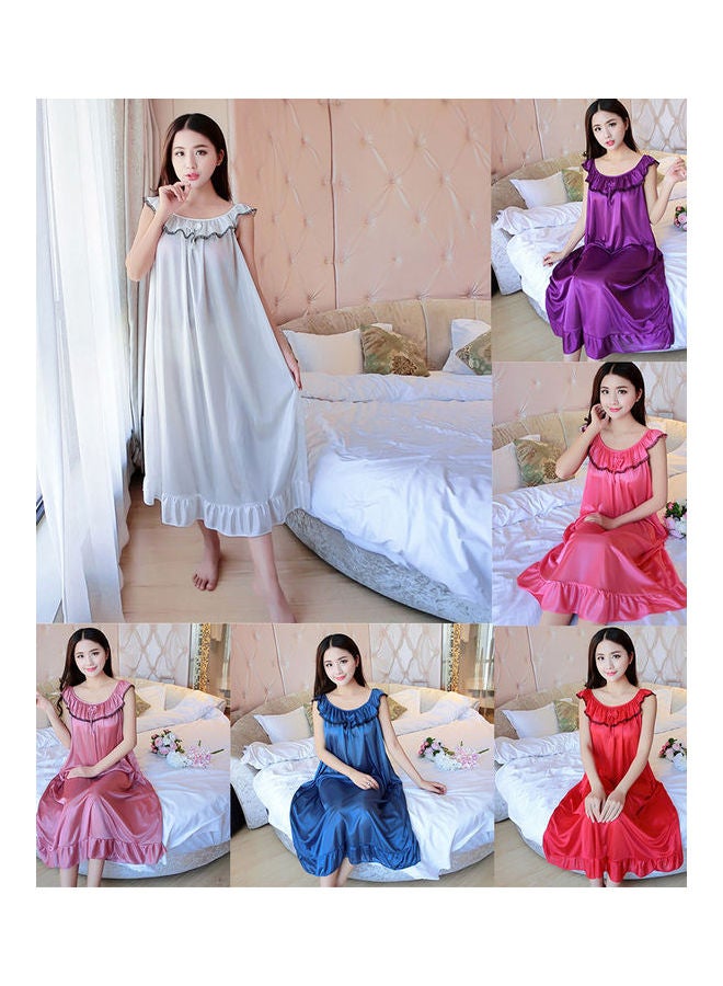 Fashion Faux Silk Ruffle Night Dress Nightgown Women Loose Mid-Calf Sleepwear Red - Image 2