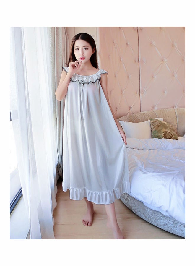 Fashion Faux Silk Ruffle Night Dress Nightgown Women Loose Mid-Calf Sleepwear Red - Image 3